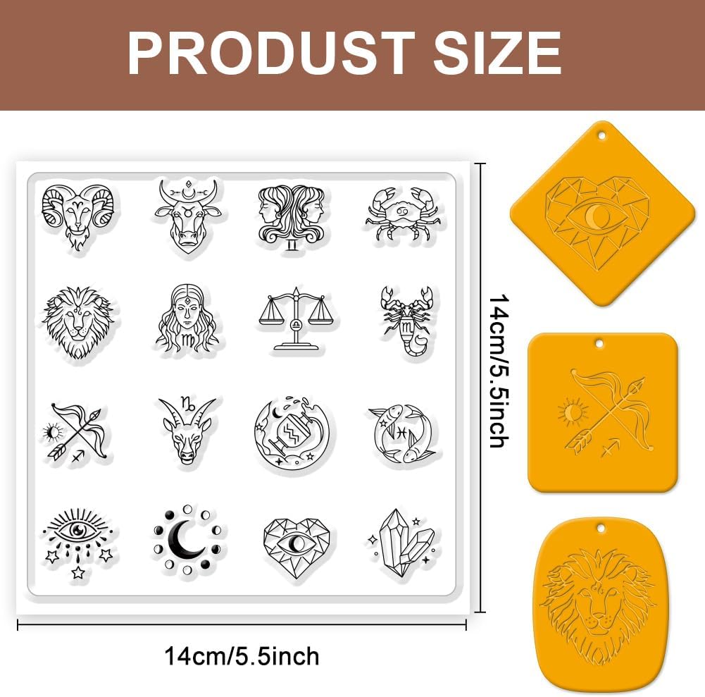 CHGCRAFT Polymer Clay Texture Sheets - 12 Zodiac Signs Silicone Stamp for Divination - Clear Mat Tools for Jewelry Earring Making, 5.5x5.5inch