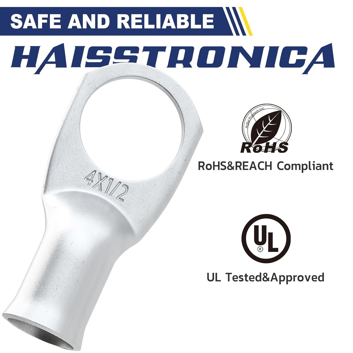 haisstronica 10pcs 4 AWG - 1/2" (M12) Tinned Copper Battery Lugs, Heavy Duty Copper Wire Lugs with 10pcs 3:1 Adhesive Heat Shrink Tubing, 4 Gauge Wire Lugs, Tinned Copper Battery Cable Ends