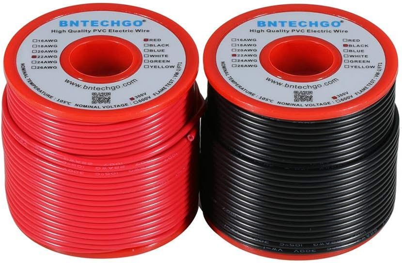BNTECHGO 22 Gauge PVC 1007 Solid Electric Wire Red and Black Each 100 ft 22 AWG 1007 Hook Up Tinned Copper Wire