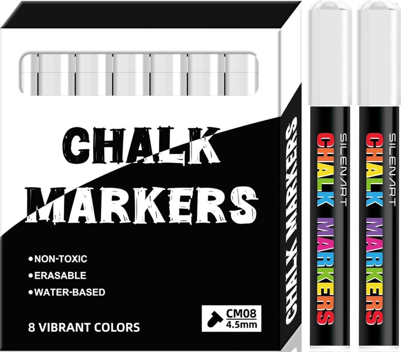 SILENART White Chalk Markers - 8 Pack - Liquid Chalk Markers for Blackboard Chalk Board Windows Glass Acrylic Calendar Board - Erasable Chalk Marker - White