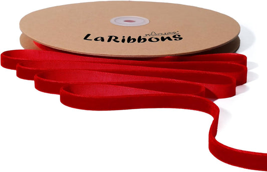 LaRibbons Thin Velvet Ribbon 3/8 Inch x 25 Yards, Red Velvet Ribbon for Christmas Tree, Gift Wrapping, Wreath Bow, Outdoor Decoration