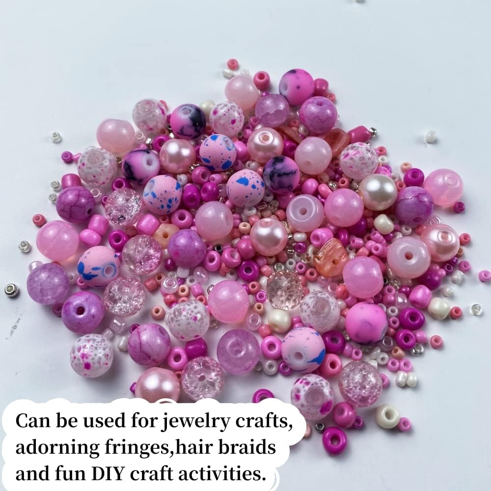 Assorted Glass Resin Beads Multi Size Colors Smooth Cracked Gravel Millet Spacer Beads for Bracelets Necklace Earring DIY Jewelry Making Craft(Pink Series)