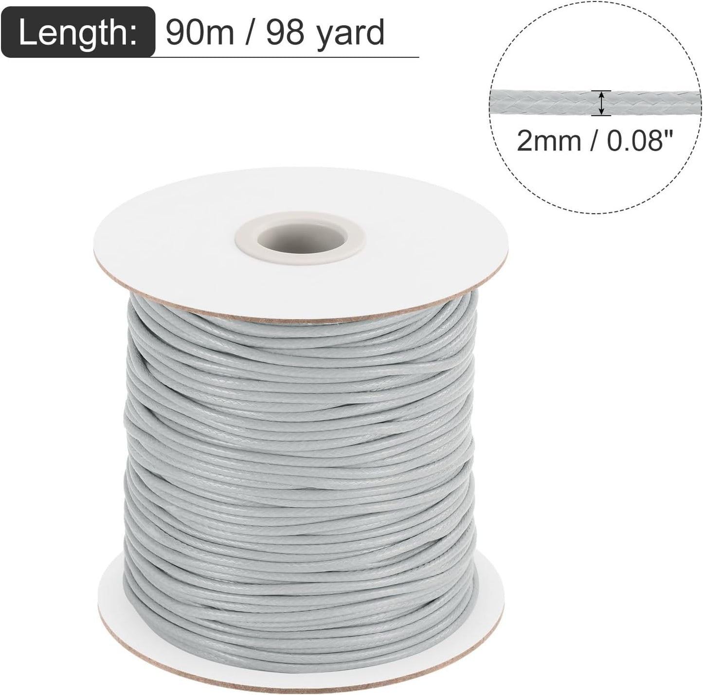MECCANIXITY Waxed Cord 2mm Waxed Polyester Cord 98 Yard Wax String for Bracelet Making, Necklaces, Beading, Jewelry Making and DIY Crafts(Light Grey)