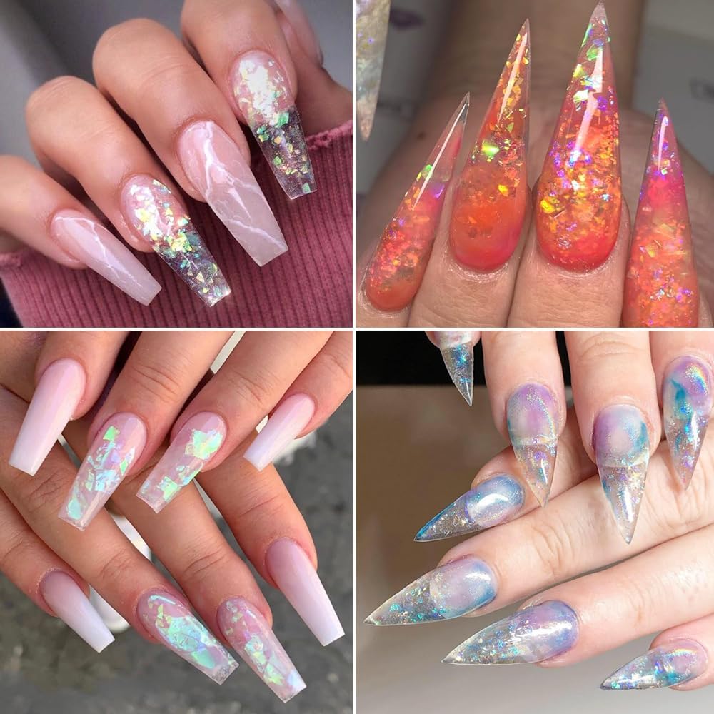 Holographic Mermaid Nail Art Glitter Iridescent Flakes, 8 Colors Aurora Irregular Ice Slag Opal Nail Foil Flakes Ultra-Thin Paillettes Glitter Sequins for Gel Polish Nail Art Decoration, Resin Craft