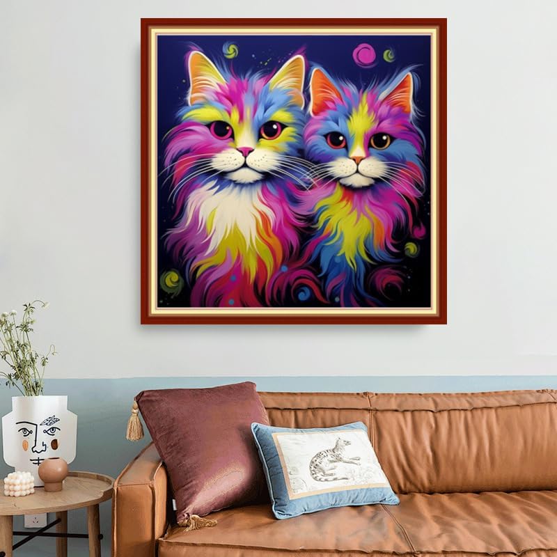 Joyhoor Stamped Cross Stitch Kits for Beginners, Needlepoint Kits for Adults, 11CT Counted Embroidery Kits-Colorful Cat 18x18 inchs