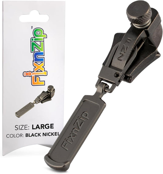FixnZip (Large, Black Nickel) - See Size Guide - Universal Zipper Repair Kit for Wetsuits, Luggage, Zipper Replacement Repair Kit - Instant Zipper Fix
