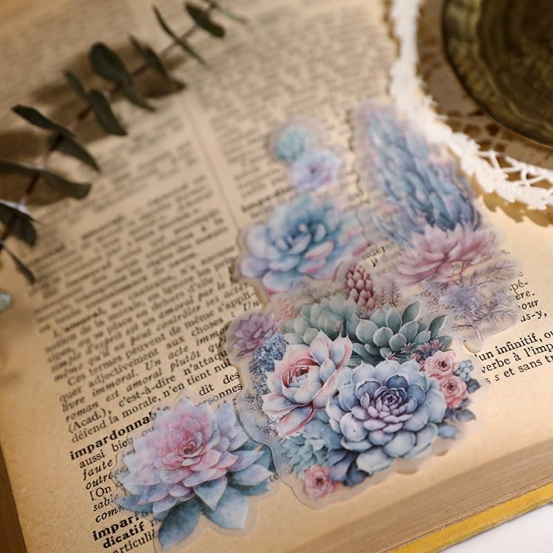 Vintage Vellum Stickers Floral Plants Elements Scrapbooking Supplies Flowers Botanic Natural Translucent Paper Self-Adhesive Junk-Journal Items (Succulent)