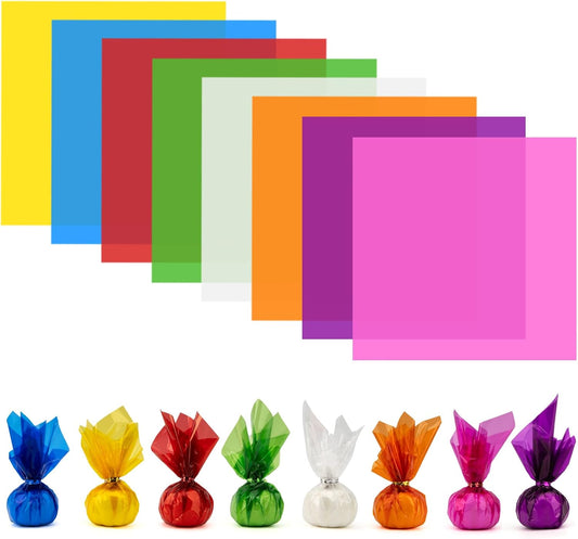 128 PCS Colored Cellophane Wrap Paper(7.48x7.48 Inch) Treat Candy Small Gifts Wrapping Baskets Colorful Plastic Sheets for Crafts Transparent Clear Clings Birthday Baby Shower Holiday Party Decor