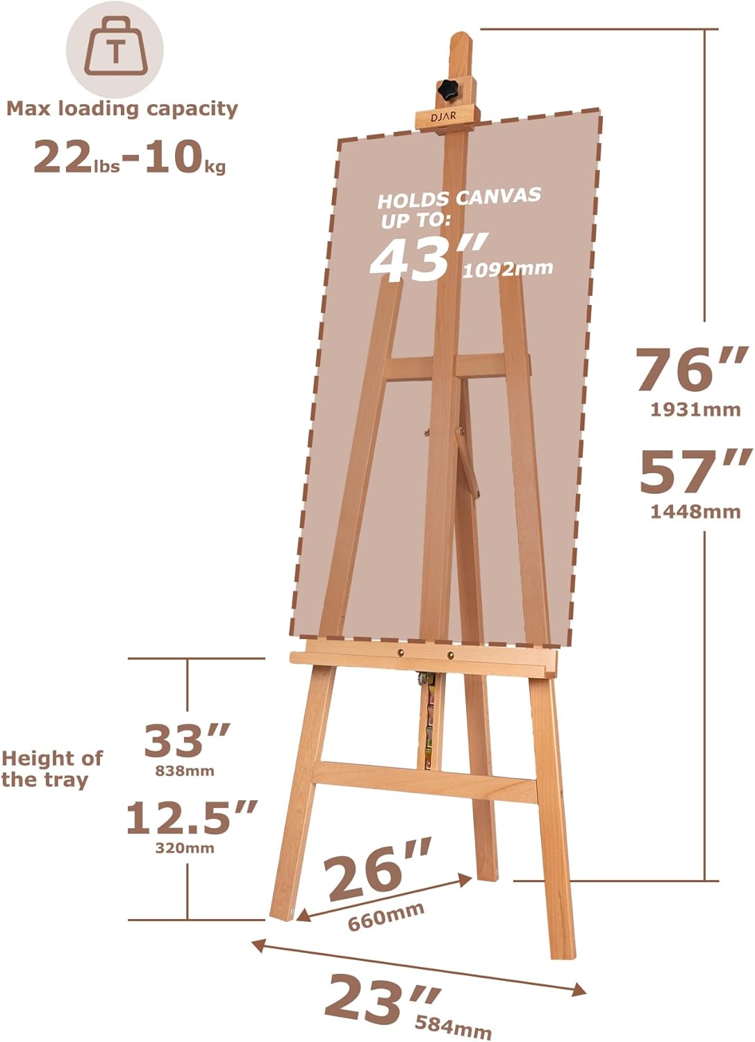 DJAR A Frame Wooden Art Easel for Painting, 57’’-76’’ Adjustable Height, Hold Canvas up to 43’’, Floor Easel Stand for Adults, Beginner