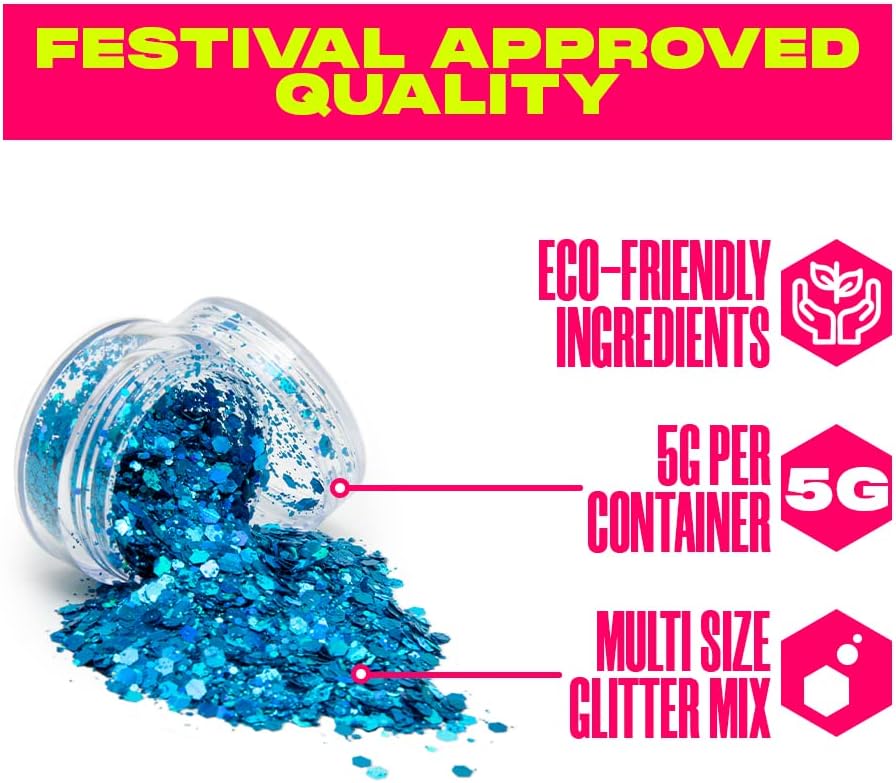 Biodegradable Glitter Makeup | Face Glitter, Hair Glitter, and Body Glitter | Plant Based Glitter Makeup for EDM Rave Music Festivals and Cosplay | Chunky Glitter Multicolor 4 Pack