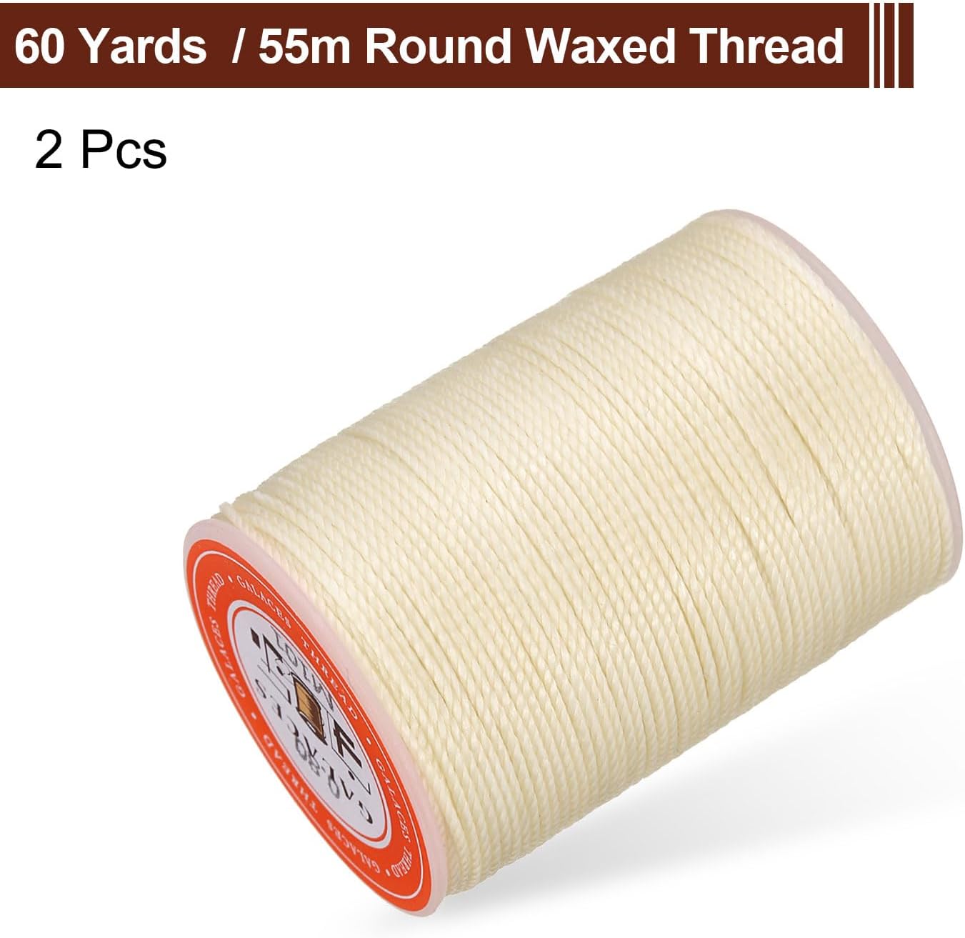 uxcell Round Leather Sewing Waxed Thread, 55m / 60 Yards Polyester Wax String, 0.80mm Wax Stitching Cord for Leather Crafts, Bookbinding, Bracelets Braided, Light Beige, 2pcs