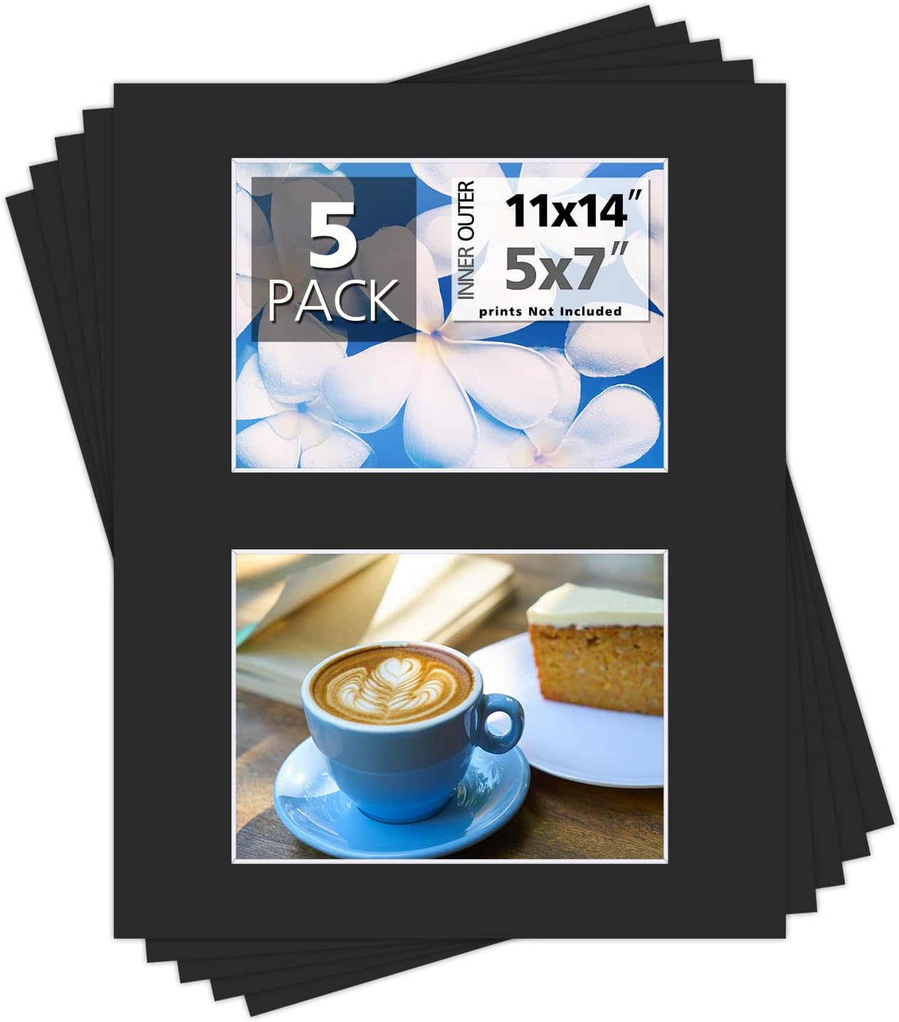Mat Board Center, Pack of 5, Photo Picture Mats - Acid Free, 4-ply Thickness, White Core - for Pictures, Photos, Framing (11x14 for 2-5x7 Black)