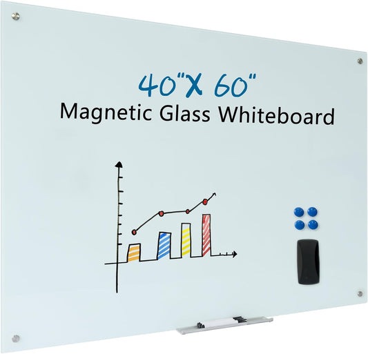 Magnetic Whiteboard Glass Writeboard 40"x60" Tempered Glass Dry Erase Board Wall Mounted Frameless Glass Whiteboard Writing GlassBoard for Office School Home (White)