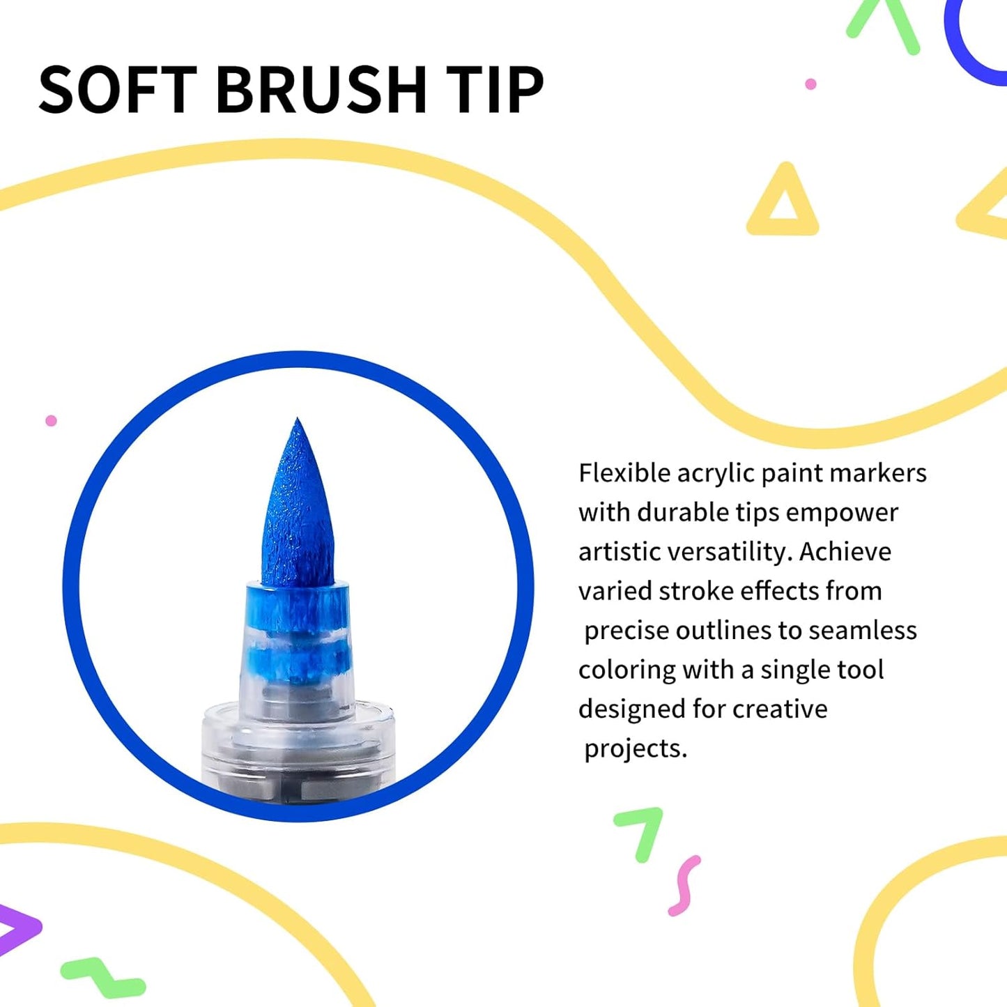 POMAC Acrylic Paint Markers Pens 12 Assorted Colors, Water-Based Paint Markers Brush Tip, No-Bleed Liquid Acrylic Marker Pens Waterproof for Fabric, Canvas, Rock, Glass, Wood, DIY Crafts, Art Supplies