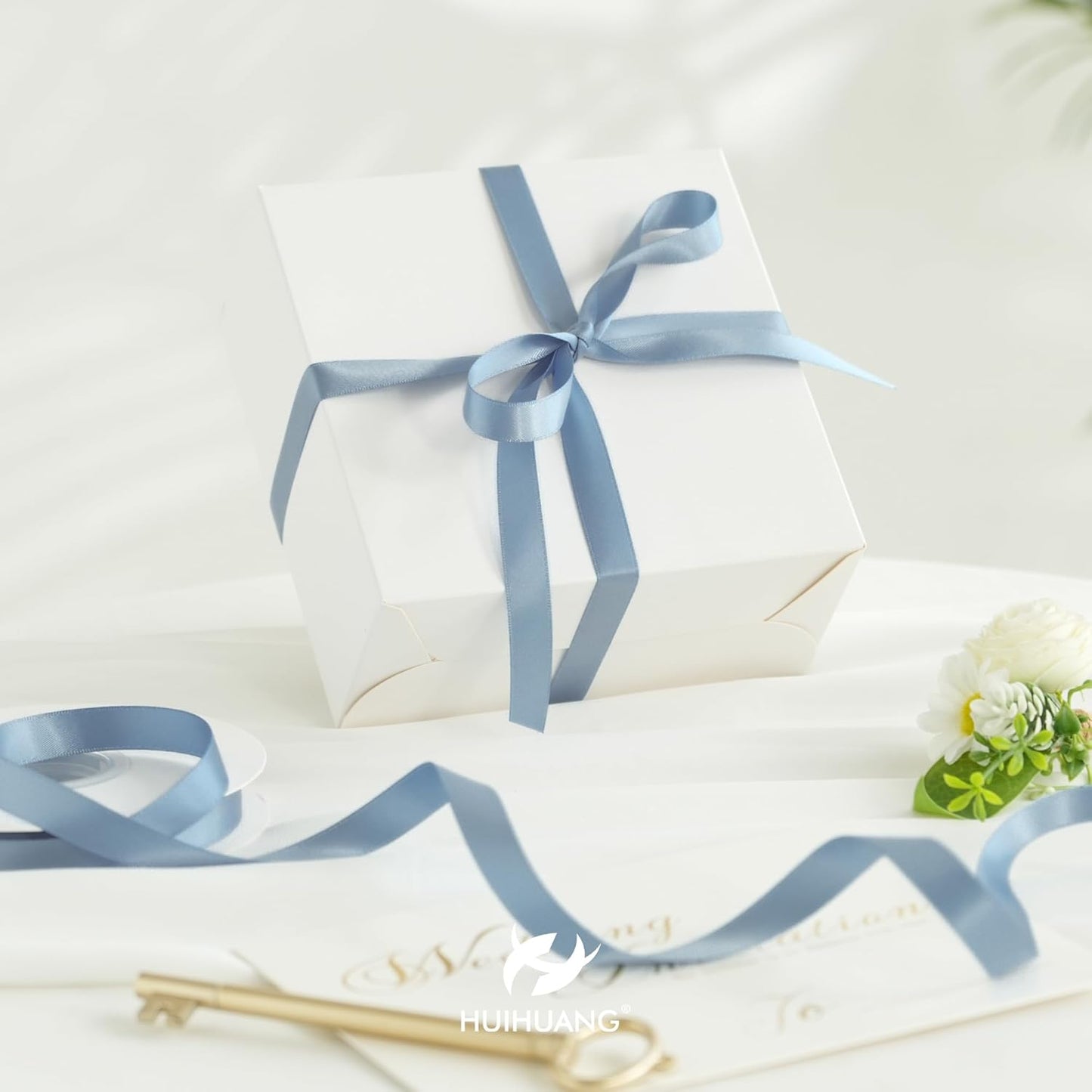 HUIHUANG Dusty Blue Satin Ribbon 1/2 inch X 50 Yards Continuous, Blue Double-Faced Satin Ribbon for Gift Wrapping, Bows, DIY Crafts, Flower Bouquet, Bridal Wedding Decor, Flower Crowns Decor