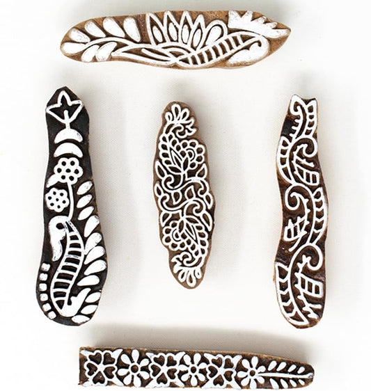 Mehndi Print Blocks Stylish Border Pattern Wooden Stamps - Handcarved Indian Textile Printing Blocks for Henna Mehndi Clay Pottery Hashcart® | Set of 5 |