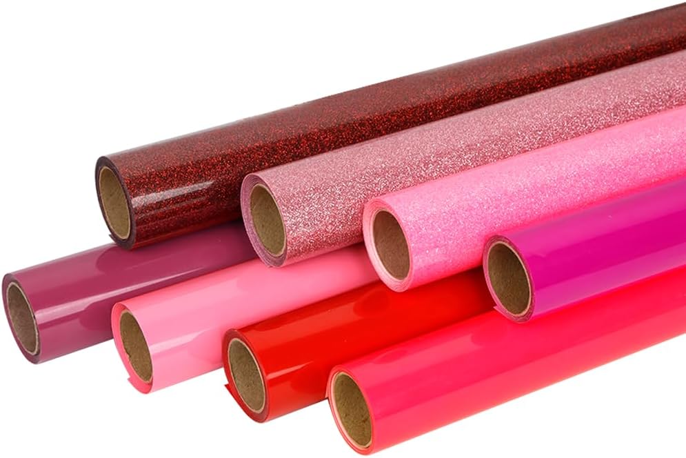 FUNKAKA Red Heat Transfer HTV Vinyl Bundle, 8 Rolls 12" x 3ft Valentine Pink Iron On Vinyl for T-Shirt 8 Colors HTV for All Cutter Machines Easy to Cut