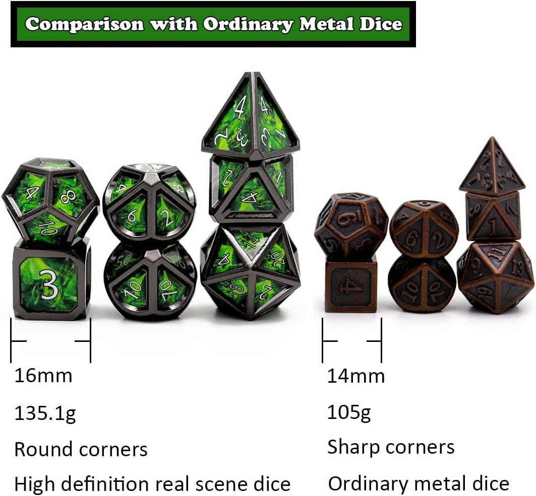 Haxtec Metal Dice Set D&D Acid Splash Real Scene Black Green Polyhedral DND Dice W/PU Leather Dragon Eye Dice Bag for TTRPG Compatible with Dungeons and Dragons Gifts