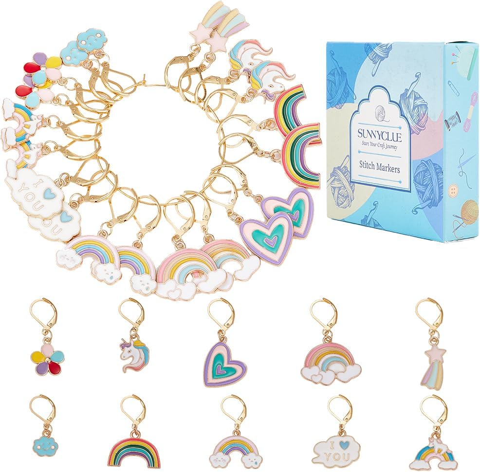 SUNNYCLUE 1 Box 20Pcs Knitting Stitch Markers Crochet Rainbow Colorful Leverback Charms Cute Crochet Markers for Knitting Weaving Sewing Needleworks Women DIY Craft
