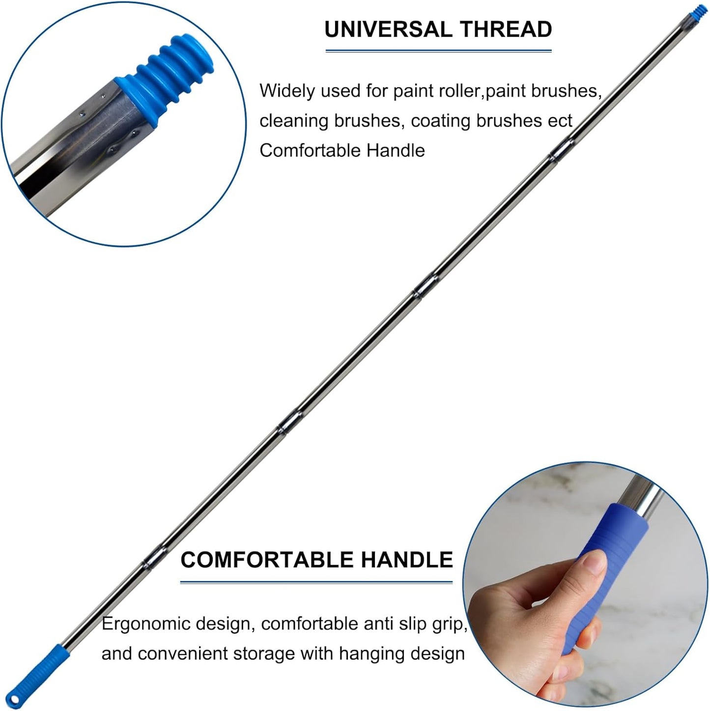 6.5 Ft Extension Pole + Joint Angle Adaptor, Paint Roller Stainless-Steel Threaded Splicing Extension Poles for Hand Drywall Sander Wall Cleaning and Polishing Paint Roller Brushes (6.5 Feet)
