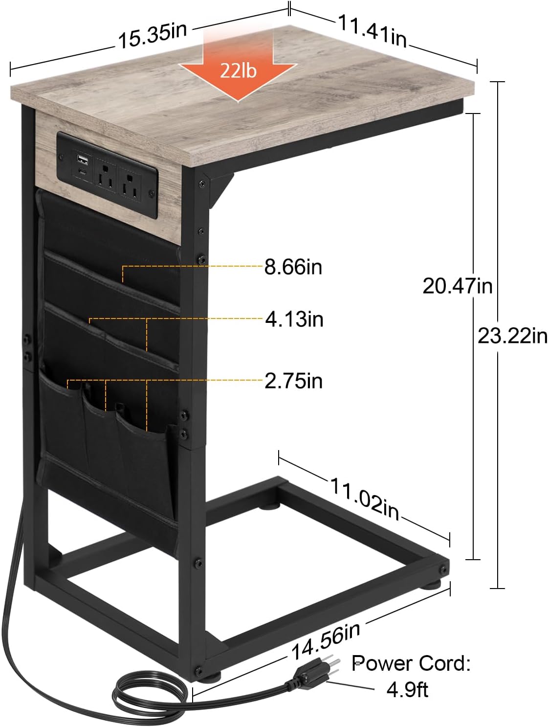 AMHANCIBLE C Shaped End Table with Charging Station, TV Tray Set of 2, Couch Tables with Storage Bag, Slide Under Sofa Side Table with USB Ports and Outlets for Living Room, Grey HET04CGY