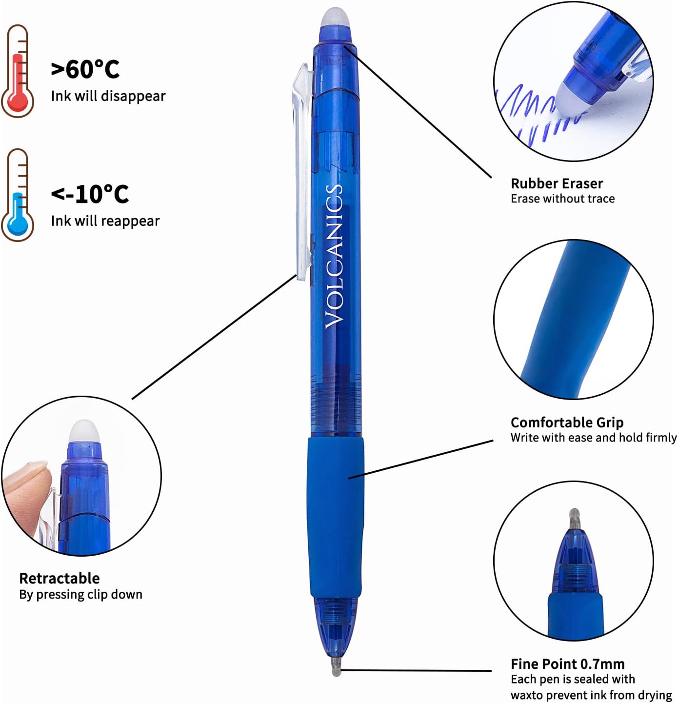 Volcanics Retractable Clicker Erasable Gel Pens - 0.7mm Ball Point, Heat Erase with Built-in Eraser, 12 Pack Black and Blue