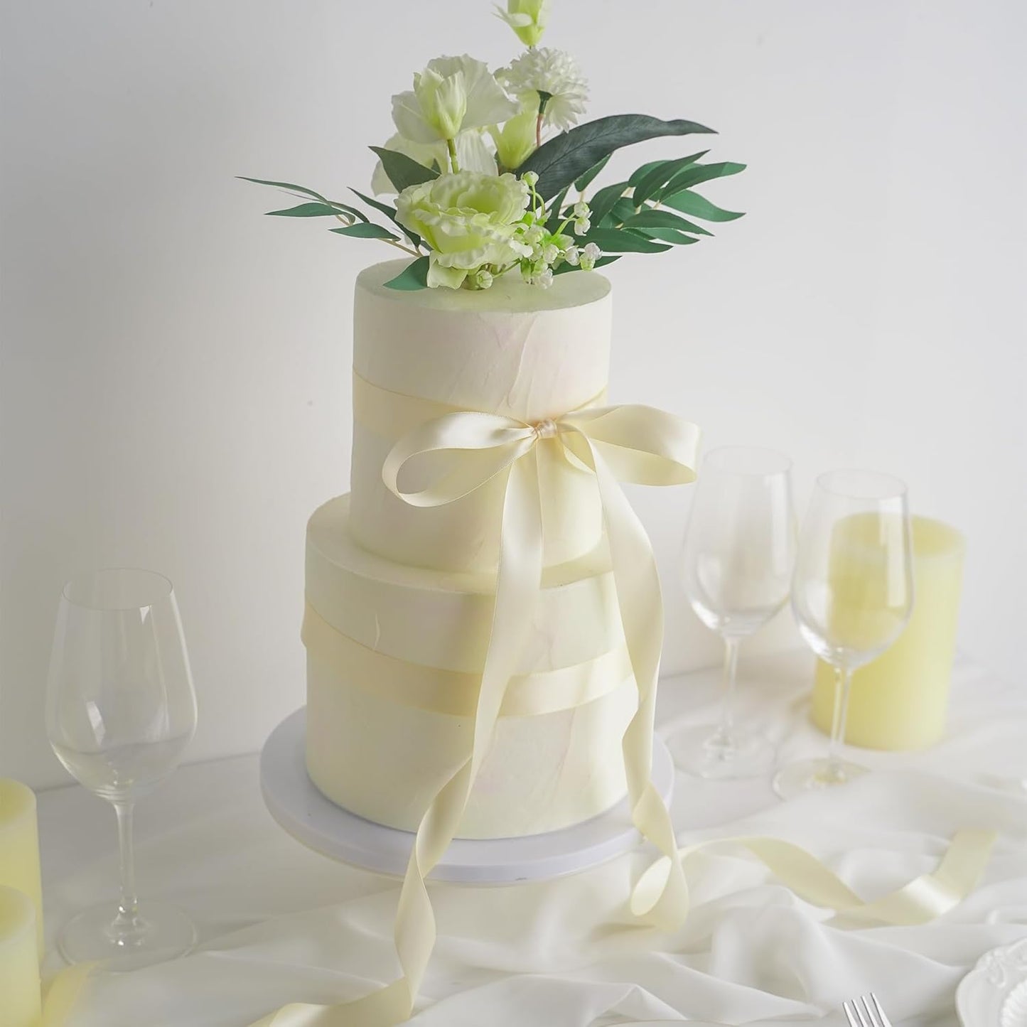 HUIHUANG Cream Ribbon 1 inch x 50 Yards Ivory Double-Faced Polyester Silk Satin Ribbon for Gift Wrapping, Wedding Invitations, Hair, Bows Making, Holiday Decor, Floral Arrangement