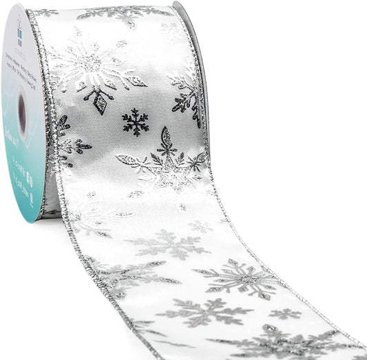 CT CRAFT LLC Satin with Silver Snowflake Wired Ribbon 2.5 Inch x 10 Yards for Christmas Home Decor Tree Topper Bow Gift Wrapping DIY Crafts Wreath Garland