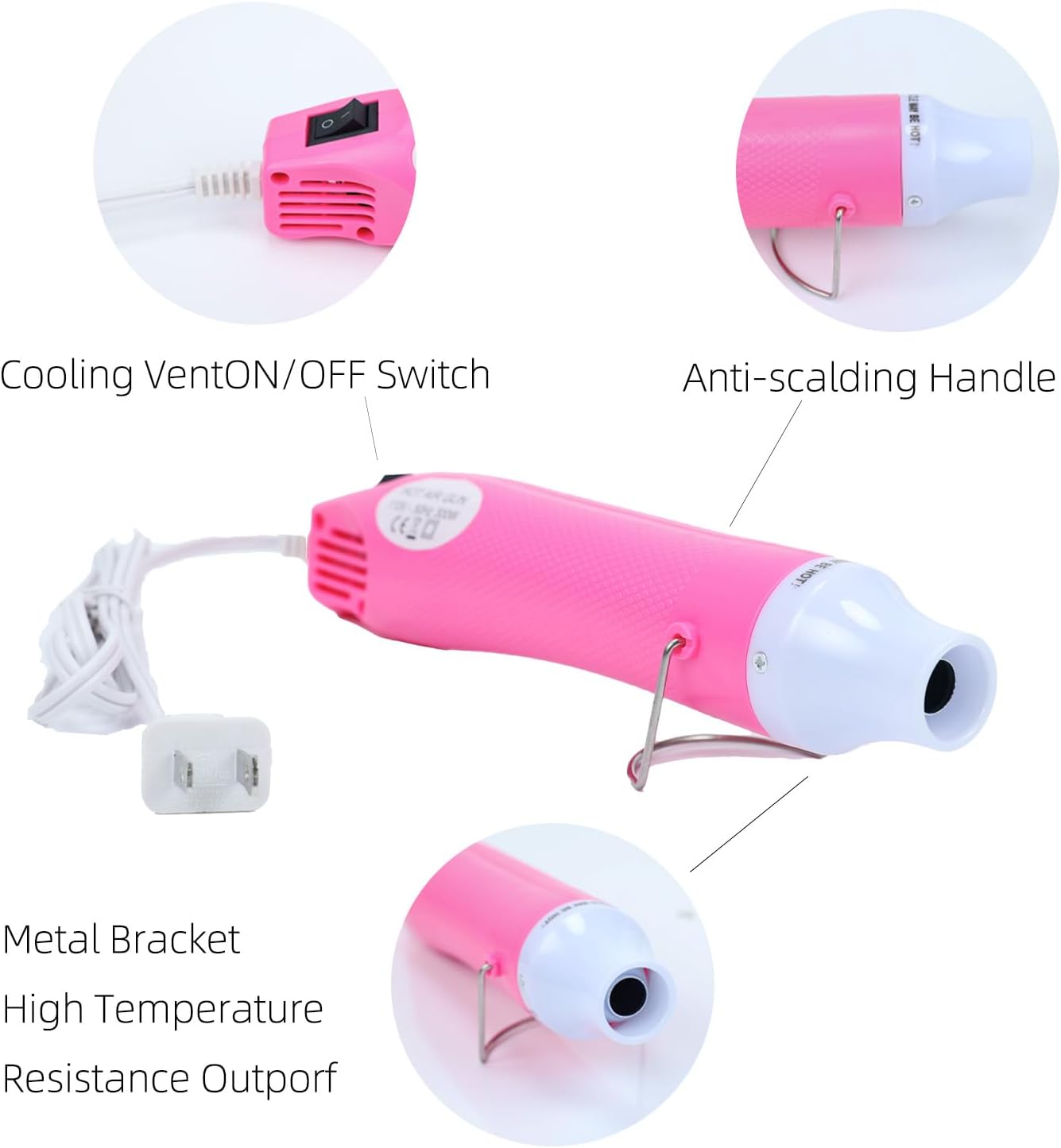 Heat Gun for Crafting, 110V 300W Handed Hot Air Gun, 3.28FT Ultra-Long Cable Portable Heat Gun with Stand and Power Cord for Shrinking Wrapping PVC, DIY Embossing and Drying Paint (Pink)