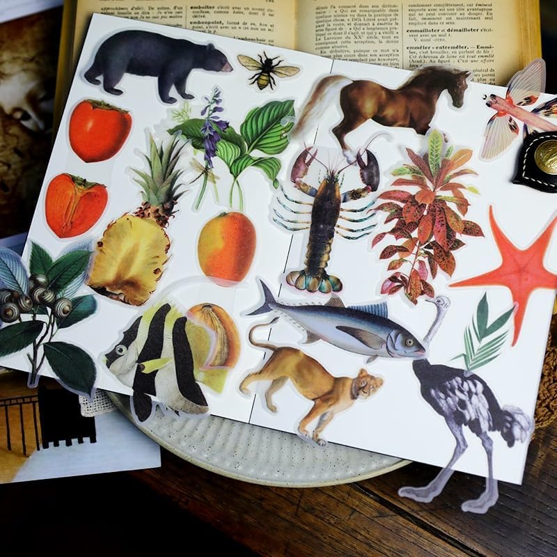 Vintage Vellum Stickers Floral Plants Elements Scrapbooking Supplies Flowers Botanic Natural Translucent Paper Self-Adhesive Junk-Journal Items (Animal World)