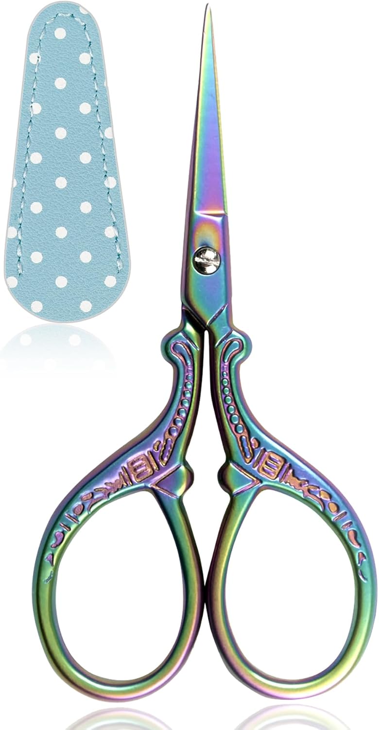 BIHRTC Small Craft Scissors 3.6inch Rainbow Scissors with Leather Cover Stainless Steel Sharp Tip Shears for Cross Stitch Sewing Crafting Art Work Threading Needlework Knitting