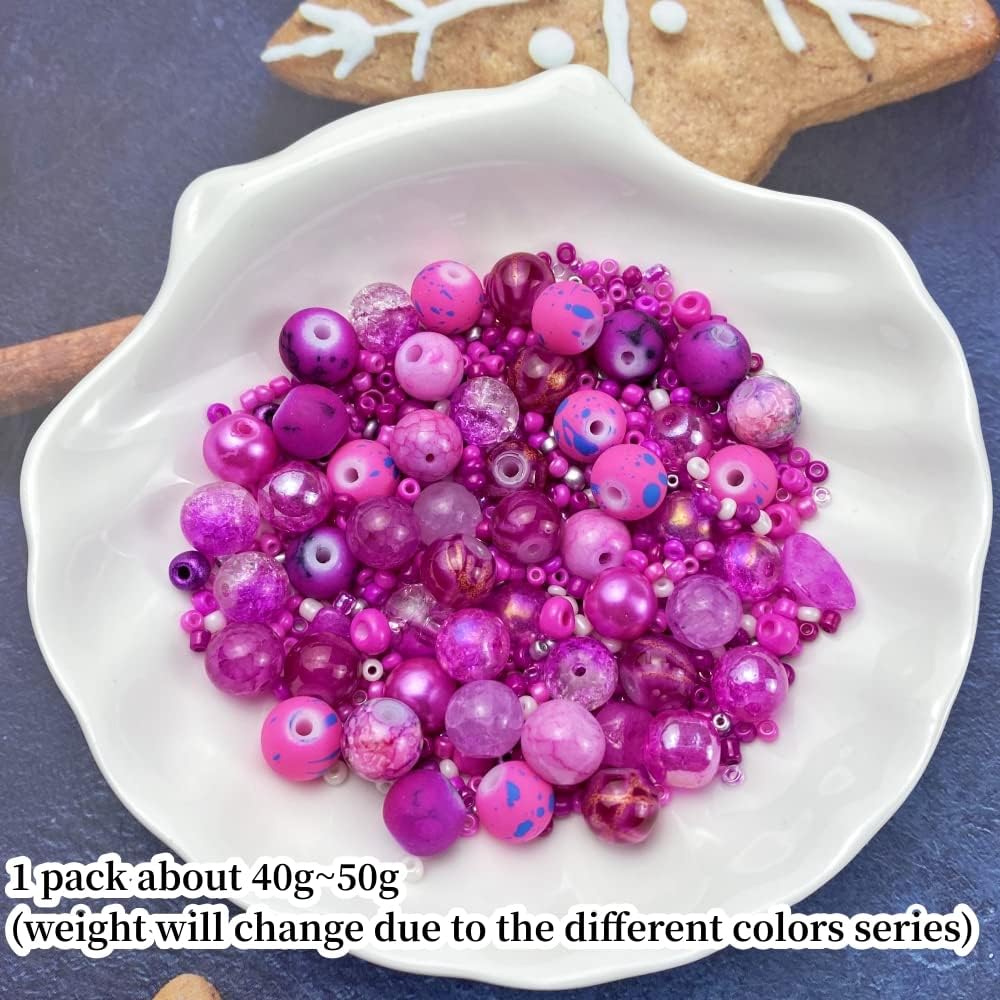 Assorted Glass Resin Beads Multi Size Colors Smooth Cracked Gravel Millet Spacer Beads for Bracelets Necklace Earring DIY Jewelry Making Craft(Rose Red Series)
