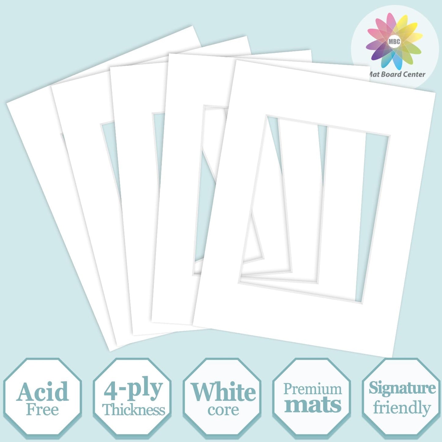 MBC Mat Board Center, 5 Pack 9X12 for 6X8 White Picture Mats Frame Mattes, Bevel Cut, Acid Free, 4-Ply Thickness