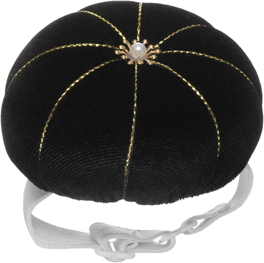 HARFINGTON Wrist Pin Cushion Wristband Sewing Pincushion Polyester Pin Holder Wearable Pumpkin Shaped Needles Wristband for Sewing Quilting Needlework DIY Crafts, Black
