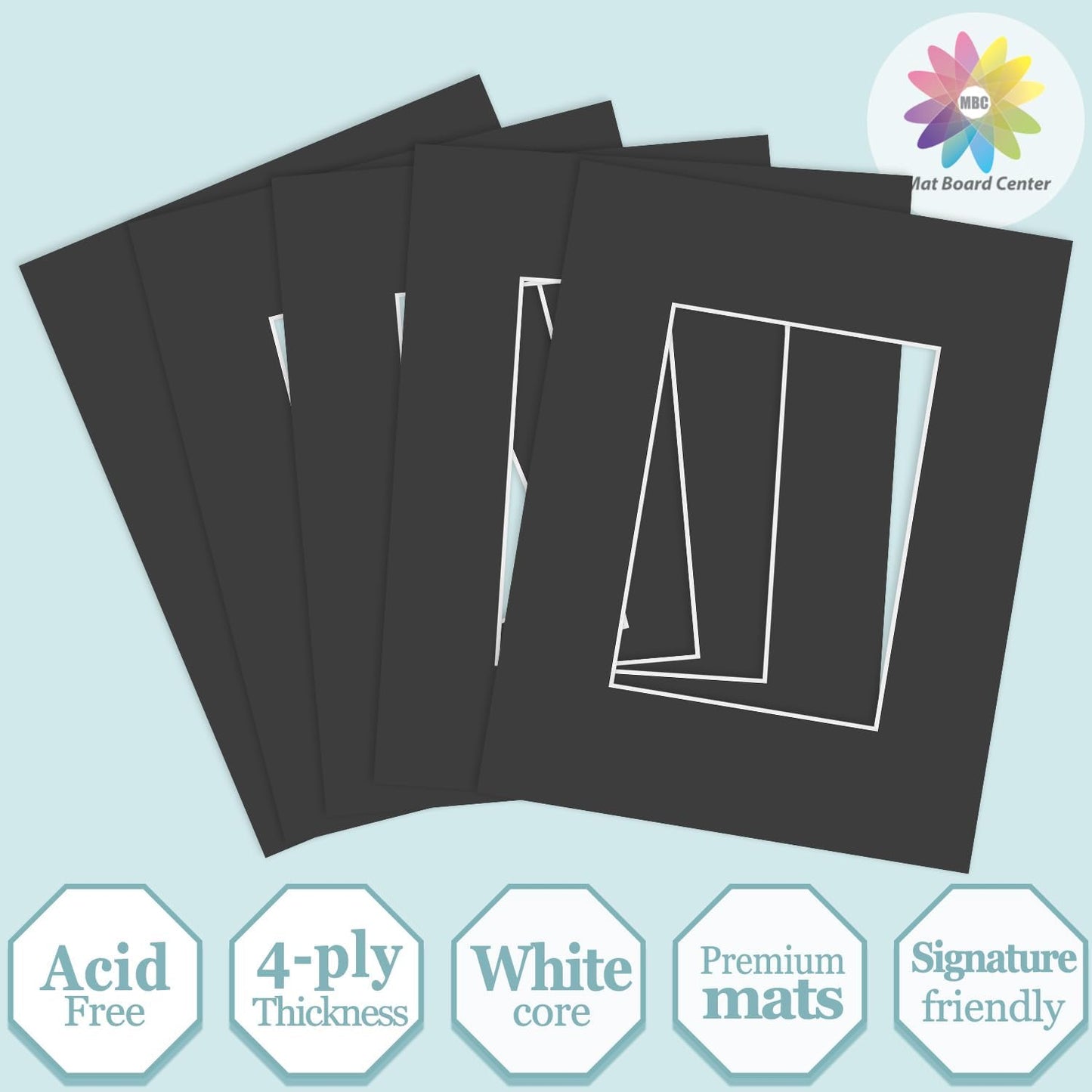 MBC Mat Board Center, 5 Pack 8.5X11 for 5X7 Black Picture Mats Frame Mattes, Bevel Cut, Acid Free, 4-Ply Thickness