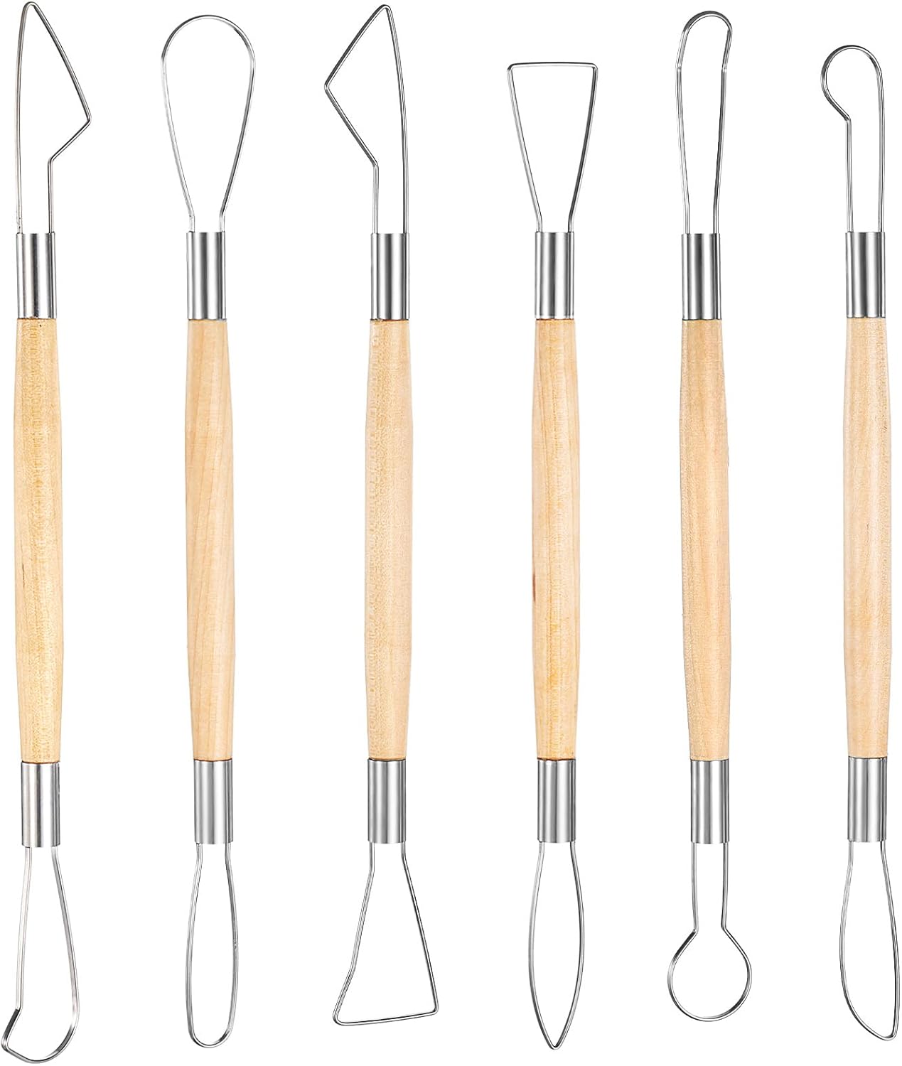 6Pcs Clay Sculpting Tools Ceramic Pottery Clay Ribbon Sculpting Tools Wooden Handle Sculpting Tools Kit Pottery Trimming Detail Tool Wire Loop Sculpture Set for Wax Carving Modeling