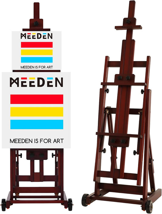 MEEDEN Multi-Function Studio Easel,H-Frame Easel,Painting Easel for Adults,Artist Easel,Floor Easel,Solid Beech Wooden Easels w/Front Wheels,Holds Canvas Art up to 77" - Walnut