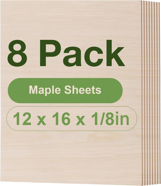 8 Pack Maple Plywood Sheets, 12 x 16x 1/8 Inch, 3mm Plywood for Laser Cutting, Thin Unfinished Wood Sheets for Architectural Models, Wood Burning and DIY Wood Crafts