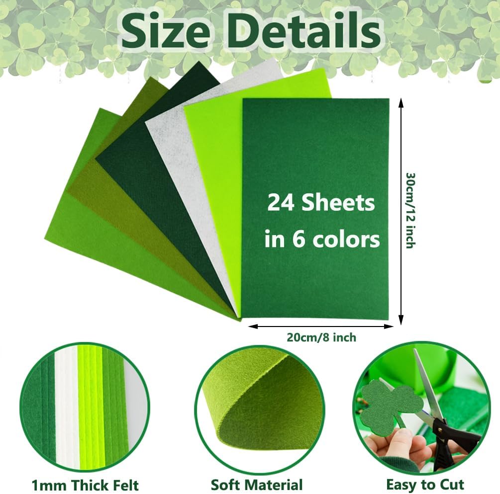 24 Pcs Felt Fabric Sheets, 8 Inch X 12 Inch St. Patrick's Day Green Craft Felt 1mm Thick A4 Stiff Felt Sheets for DIY Supplies(Green Series)