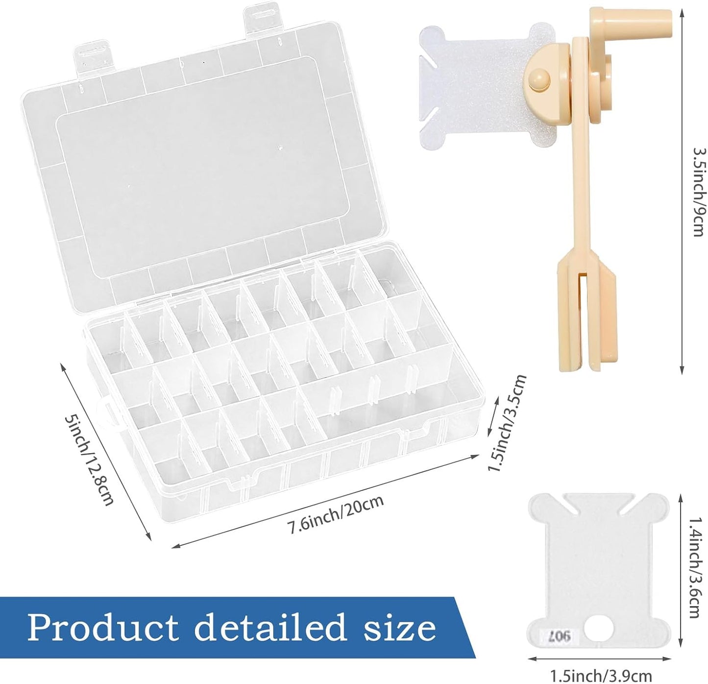 Embroidery Floss Organizer with 24 Compartments - Cross Stitch Thread Storage Box Includes 100 Plastic Bobbins, Stickers, Bobbin Winder for DIY Sewing Crafts