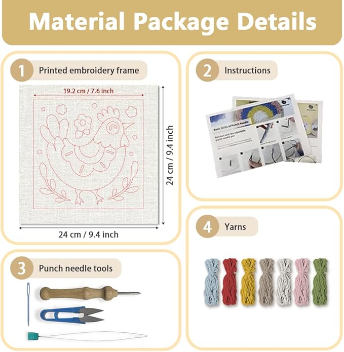 Doodlream Cute Chickens DIY Punch Needle Embroidery Kit for Adult Beginner, 9.4" Rooster Animal Punch Stitching Craft Set for Starter with Frame, Fabric Pattern, Threader, Yarn, Pinch Needle