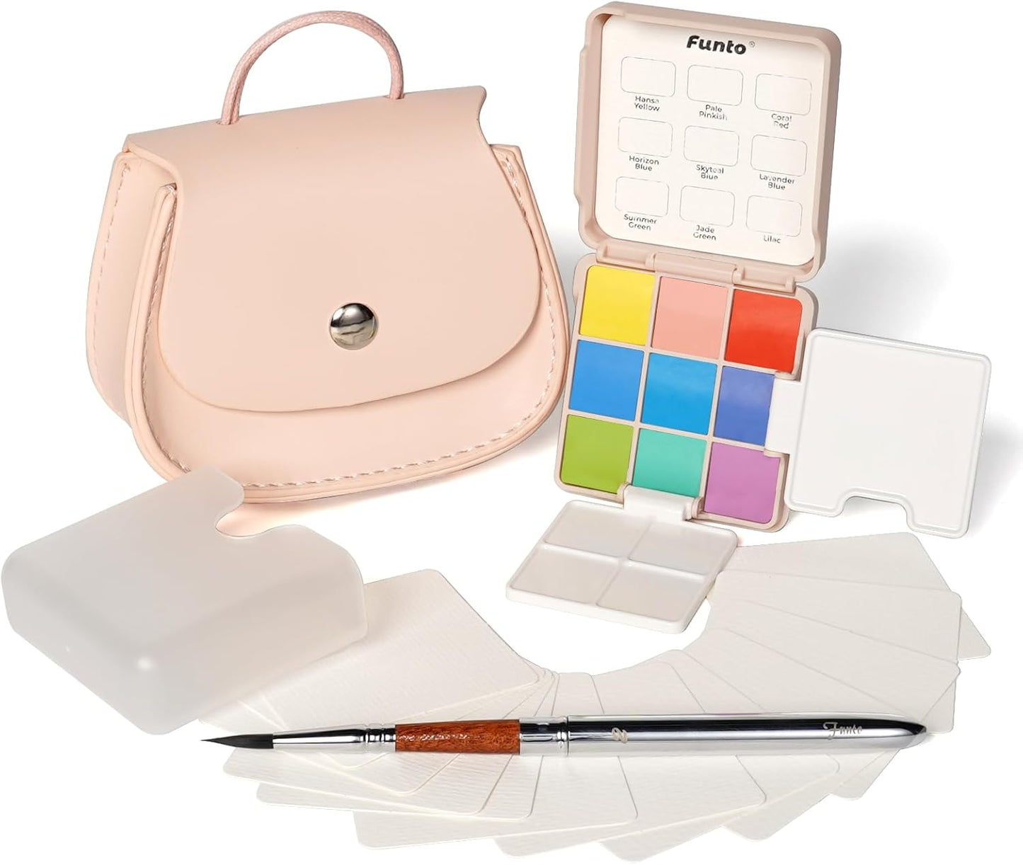 Funto Pocket Watercolor Set, Travel Color Kit, with 9 Colors, Leather Bag, Paint Water Cup, Foldable Palettes, and Mini Watercolor Papers, Set for Art