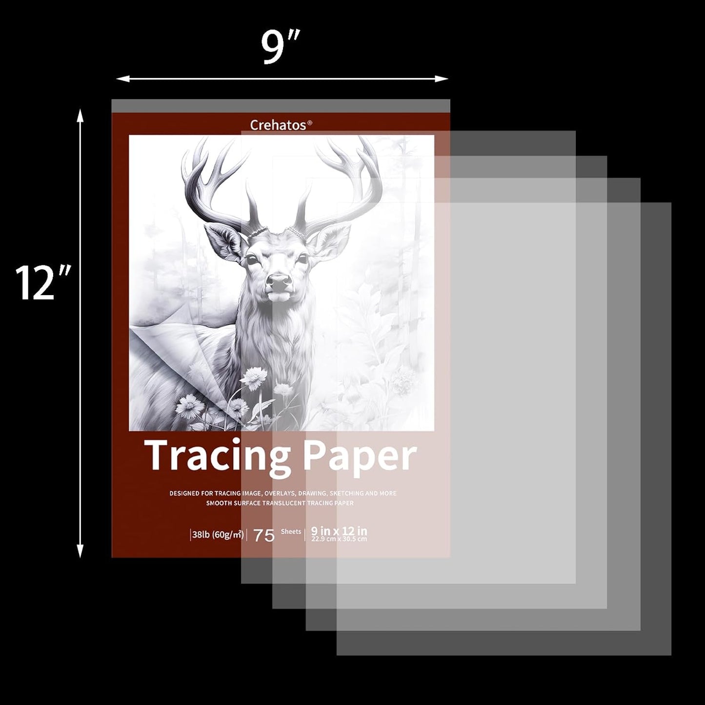 Crehatos 9" x 12" Tracing Paper, Translucent Tracing Pad, 75 Sheets 38lb/60gsm Vellum Art Paper
