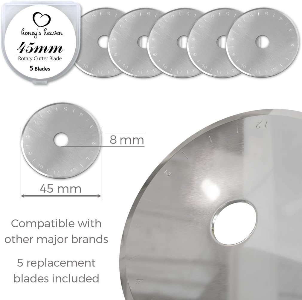 Honey's Heaven Rotary Cutter Set - 45mm Fabric Cutter, 5 Replacement Blades, A4 Cutting Mat, Acrylic Ruler and Craft Clips - Ideal for Crafting, Sewing, Patchworking, Crochet & Knitting