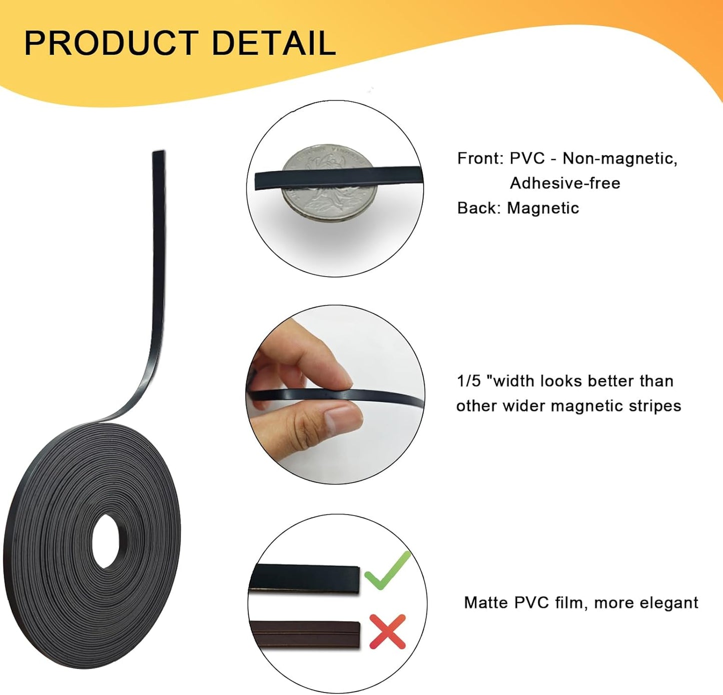 Magnetic Tape Roll Thin Strip, 1/5 Inch x 33 Feet Magnet Tape Line for Classroom Office, Magnetic Boarders for Witeboard (Black)