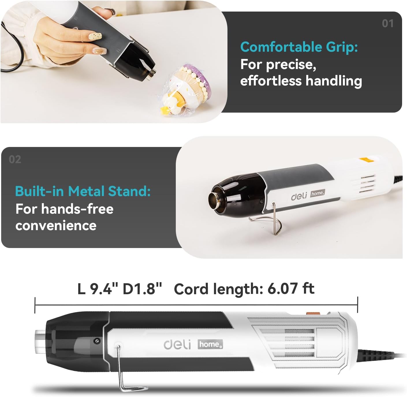 DELI Mini Heat Gun, 350W Dual Temp 500℉/842℉ (260℃/450℃) with Reflector & Extra Nozzles, 6 FT Cable, Overload Protection – for Crafting, Vinyl Wrap, Epoxy, Resin, Shrink Tubing
