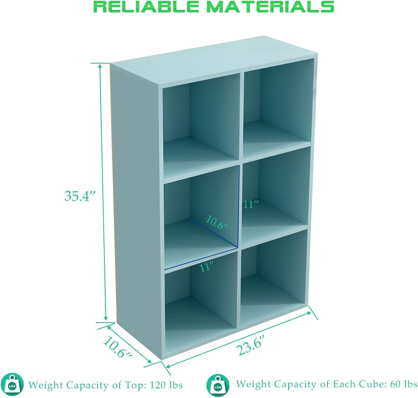 6-Cube Storage Shelf Bookcase - Wooden 3-Tier Floor Standing Open Bookshelf for Home and Office, Display Cabinet, Light Blue