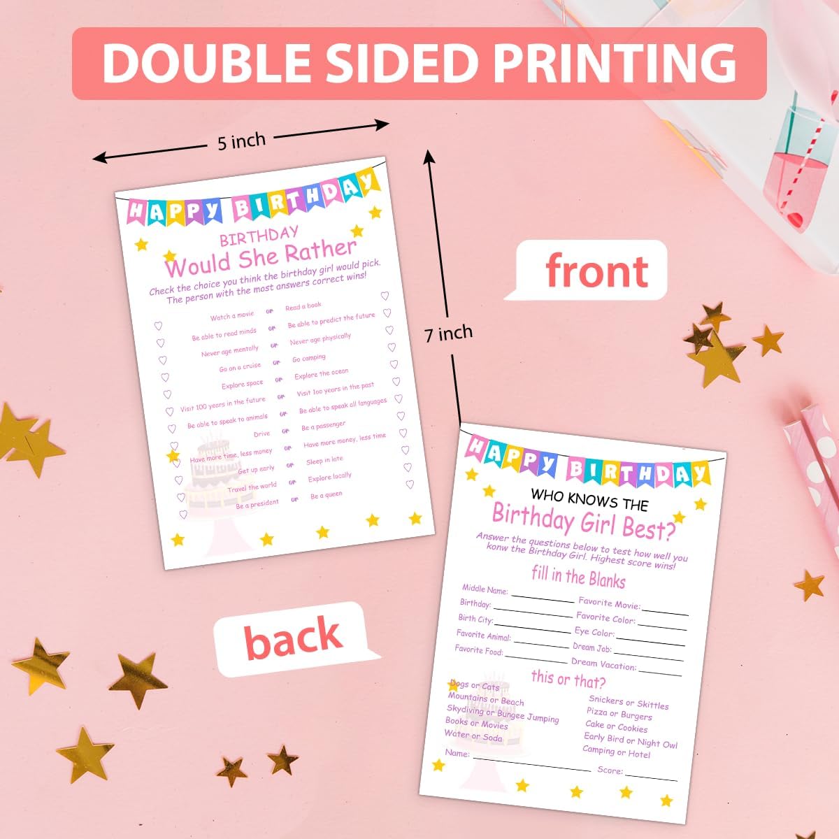 Birthday Party Games Set for Girls- 20 Birthday Double Sided Games Cards Set- Girls Birthday Party Activity Notebook Themed Party Activity and Idea - Girl Birthday Party Supplies, Decorations
