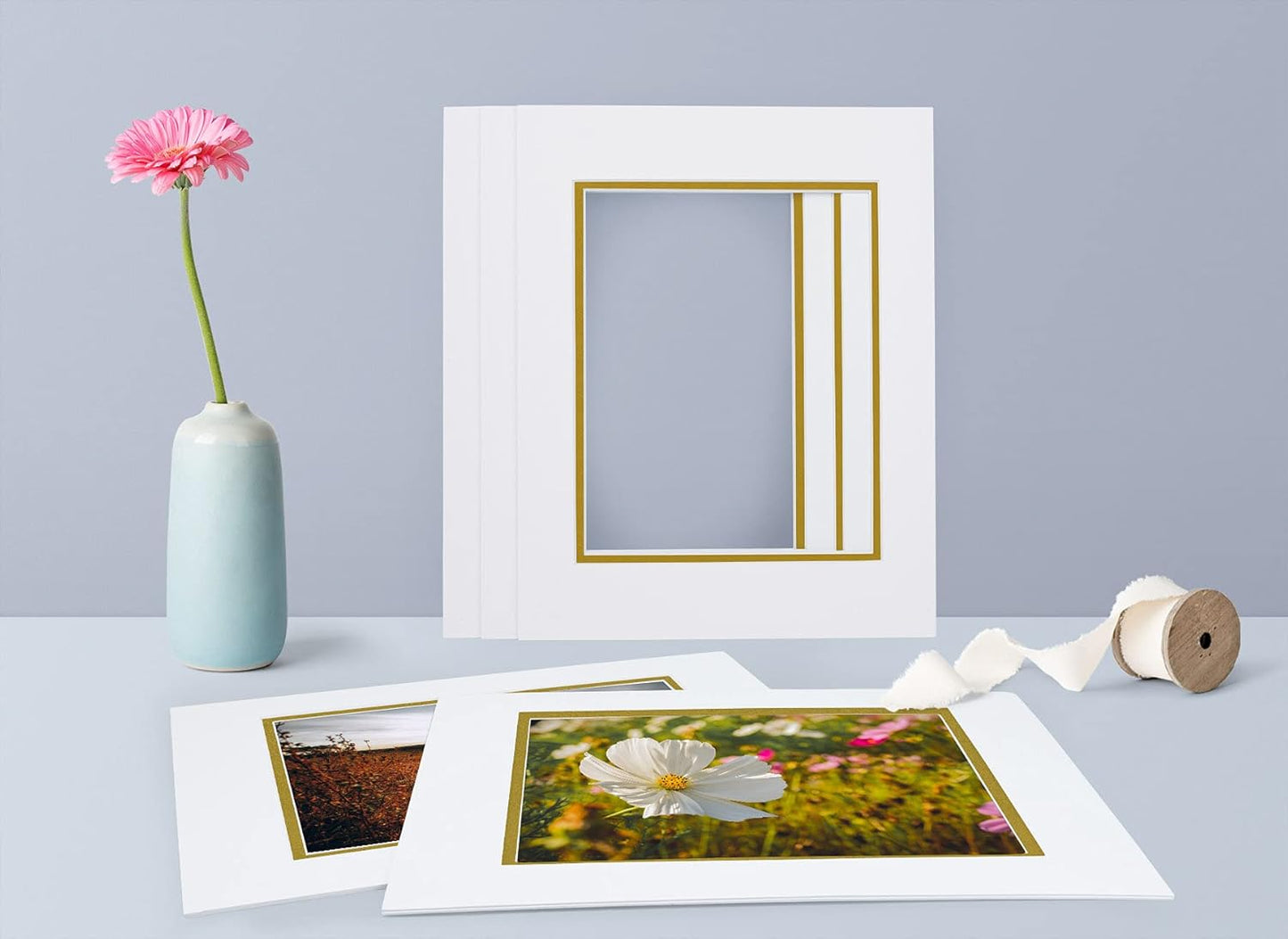 Golden State Art, 11x14 Double Mats for 8x10 - for Photos, Pictures, Frames - Acid-Free, 5 Pack, Off White Over Old Gold
