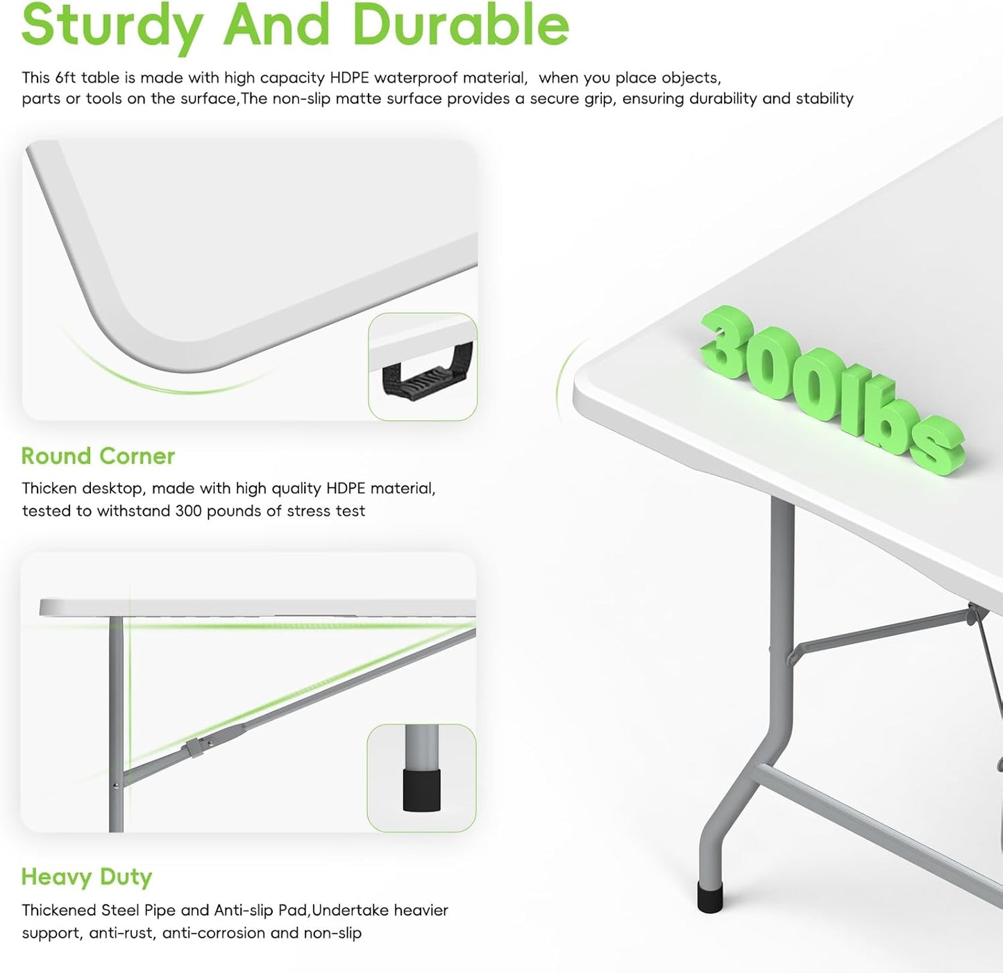 Folding Table 6ft, Foldable Portable Heavy Duty Plastic Fold-in-Half Utility Table with Handle & Safety Locks, Picnic Table Indoor Outdoor for Camping, Picnic and Party
